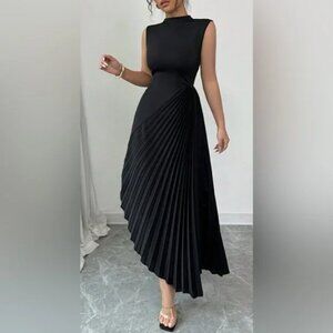 SHEIN Black Pleated Skirt, High-Neck Asymmetrical Sleeveless Maxi Dress